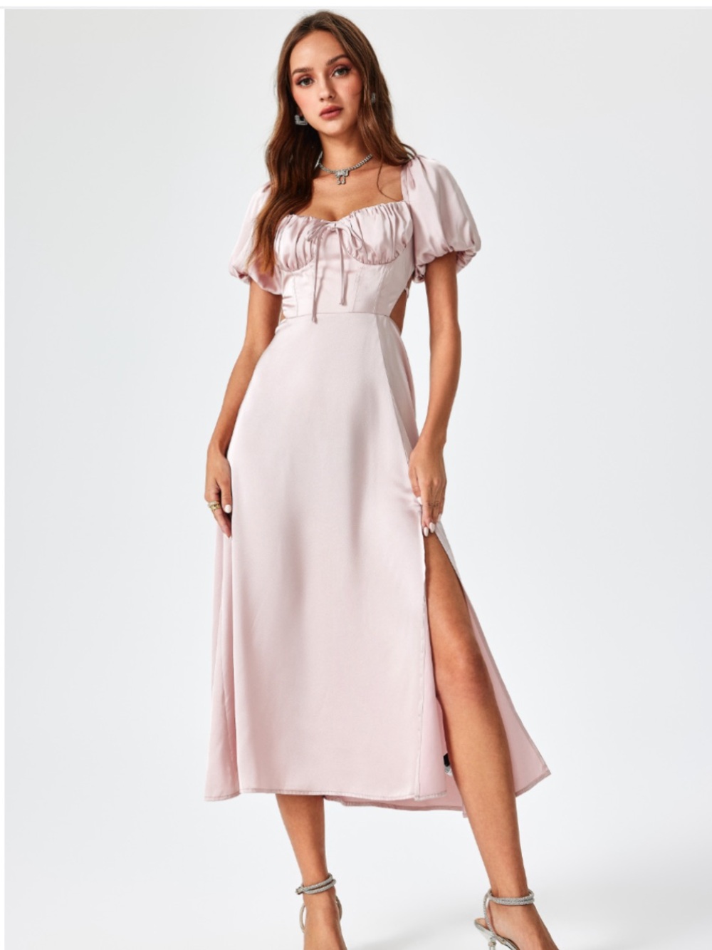 NWOT CIDER Elegant Pink Maxi Dress with Puff Sleeves and Lace-Up Back